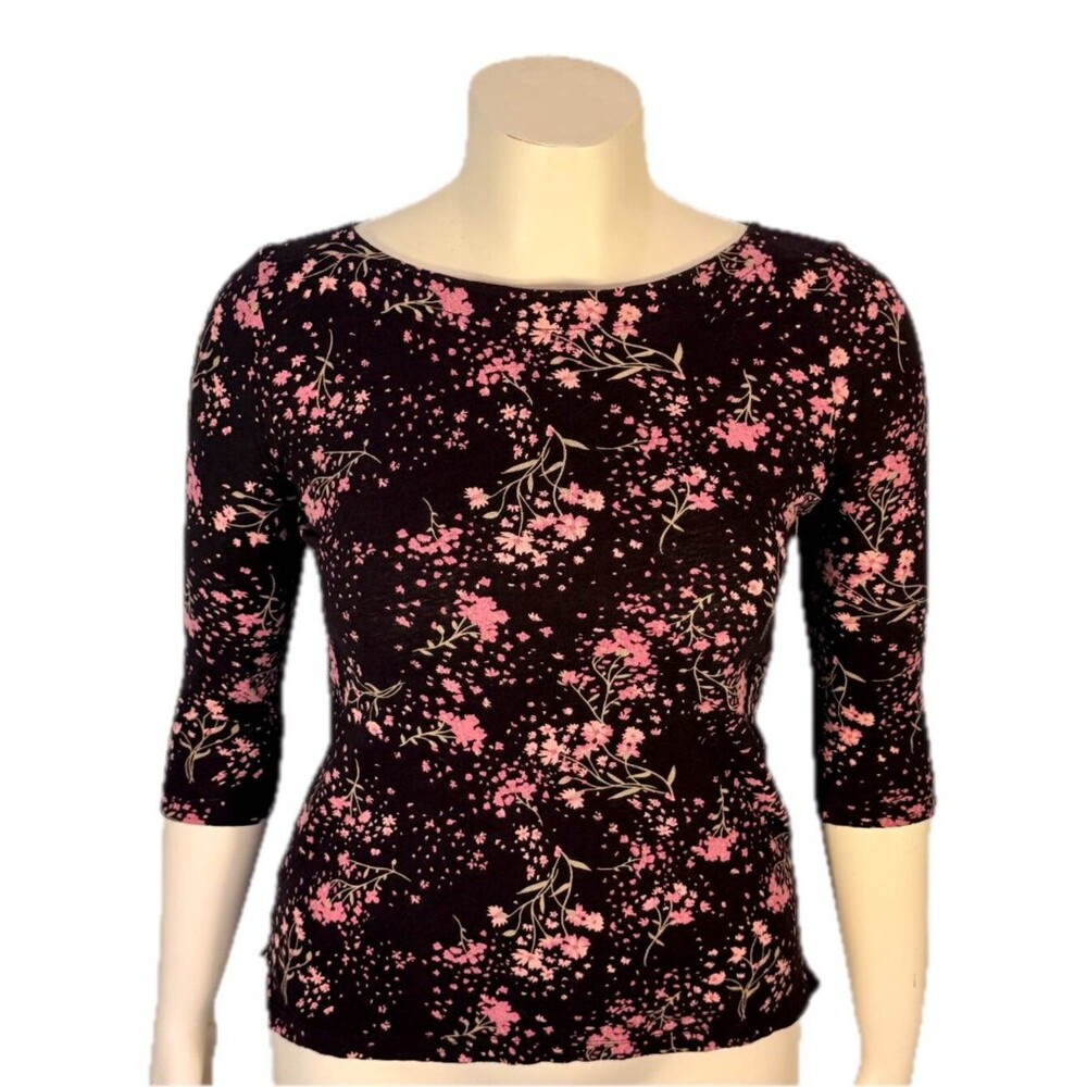 LOFT Outlet Knit Top Shirt Women's XS Black Pink Floral Boat Neck 3/4 Sleeve
